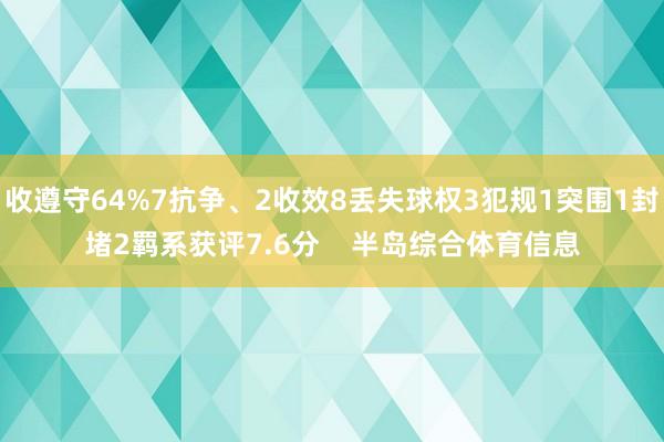 收遵守64%7抗争、2收效8丢失球权3犯规1突围1封堵2羁系获评7.6分    半岛综合体育信息